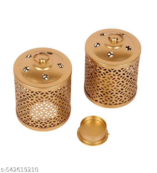 Set of 2 Gold Metal Tea Light Lanterns | Vintage Perforated Candle Holders for Home Décor & Festive Lighting