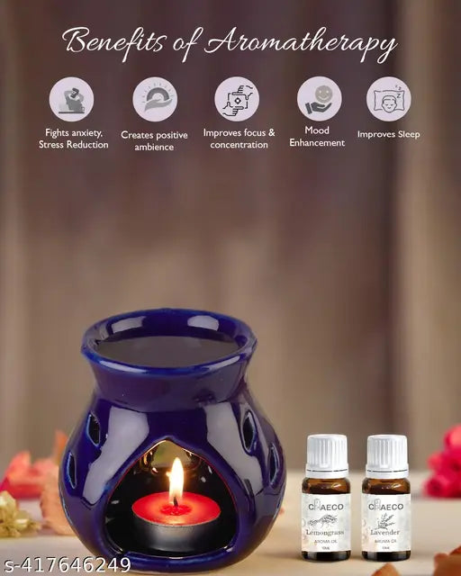 CHEECO Oil Burner Candle Diffuser for Home Fragrance, with 1 T-Light & 2 10 ml Aroma Oil-Fragrance Lemon Grass & Lavender (Blue Diffuser Pot)
