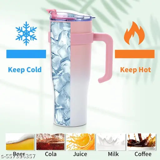 1200 ML Tumbler with Handle and Straw Lid, Pink White Insulated Travel Mug Iced Coffee Cup, 304 Reusable Stainless Steel Insulated Water Bottle, Keep Cold and Hot Water for Hours