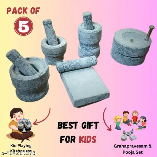 Stone miniature/ Stone Miniature Kitchen Set for Kids/Miniature Kitchen Set Kids Toys / Pooja and Grahapravesam / Combo pack/ Traditional Home Decor / Grinding Stone / Kitchen Playsets/Mini Toy/Housewarming Set/Birthday Gift for Kids( Medium Size ) ( Pack
