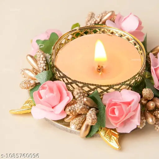 Metal Flower Diya Set of 5 with Wax Candles | Decorative Tea Light Holders