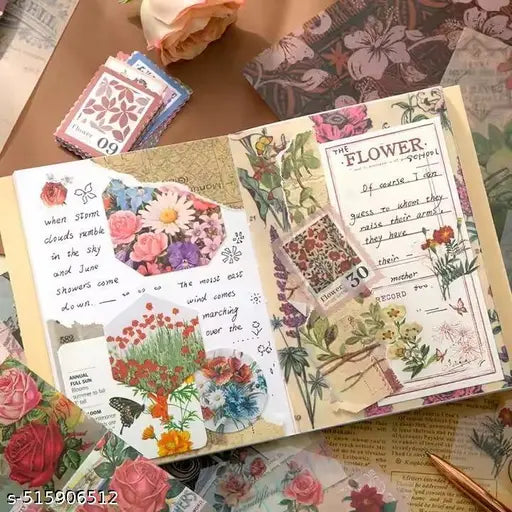 346PCS Vintage Scrapbook Kit Aesthetic Junk Journal Set with Stickers, Washi Tape & A6 Notebook with Decorative Paper Stationery (Flower)