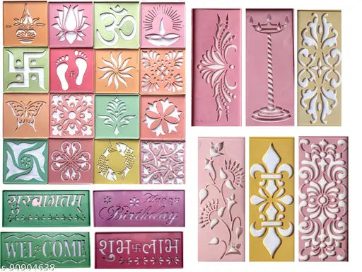 Artonezt Ready to Draw Rangoli Making Stencils, Rangoli Plastic Stencils for Floor Decoration (4x4 inches in Size- Set of 16 Rangoli Stencils) and (3x7 inches in Size- Set of 10 Rangoli Stencils)