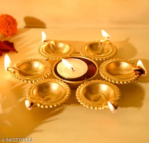 ST Diya Shape Flower Decorative Urli Bowl for Home Diwali Decor with 6 Attached Oil Diyas for Floating Flowers and Tealight Candles Home Table Diwali Decoration Items for Pooja Room (7 inch)