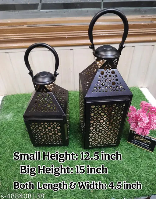 Metal Black & Golden Moroccan Lantern (Set of 2 With Candle) Decorative Candle Hanging Lanterns for Indoor Outdoor Garden Yard Home Decor, Metal with Gold Interior, Decorative Lanterns for Home Decor.