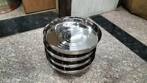 Stainless Steel Classic Solid Thali Set of 4, Heavy Gauge Mirror Finish Royal Dinner, Lunch Plate, Food Grade Serving Plates – 24cm Diameter