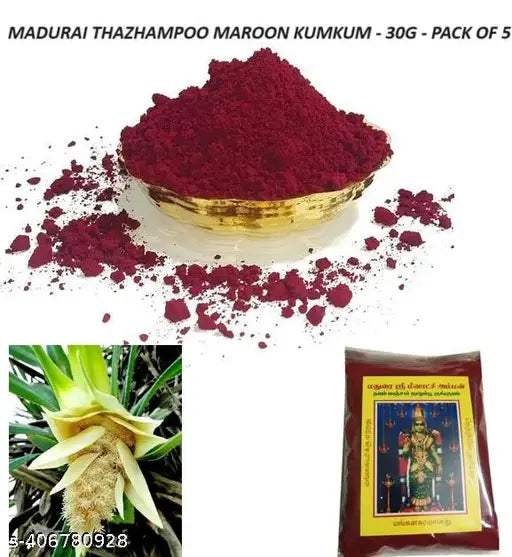 Madurai special Meenakshi Amman Original Maroon Thazhampoo/Kewda/Ketaki/screw pine Kungumam/Kumkum/Sindoor/Bindi - 25gms - Pack of 6 -Total 150gms
