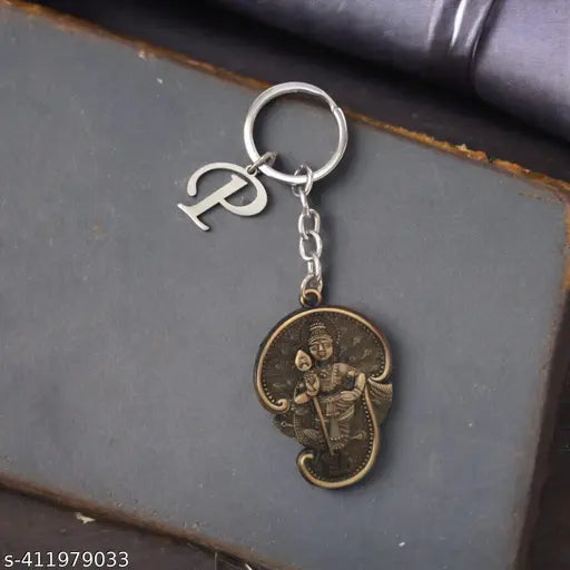 AnishNx Lord Murugan Kartikeya Big Tamil Om with English Initial "P" KartikeyaP15  Bronze  Metal Key Chain for Men And Women