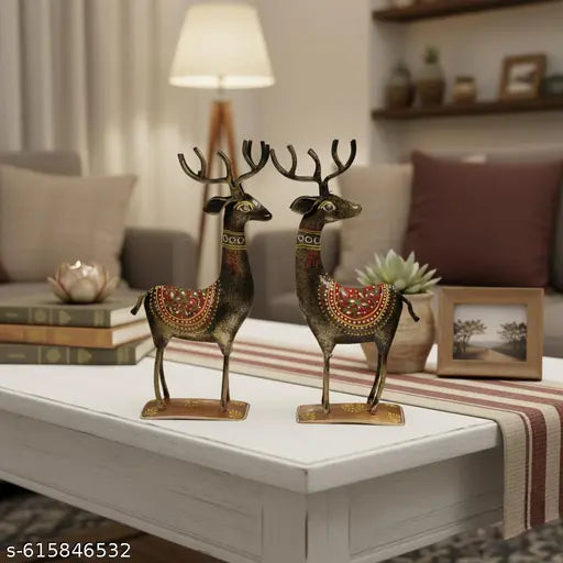 Handcrafted Antique Metal Deer Showpiece Pair for Home Decoration