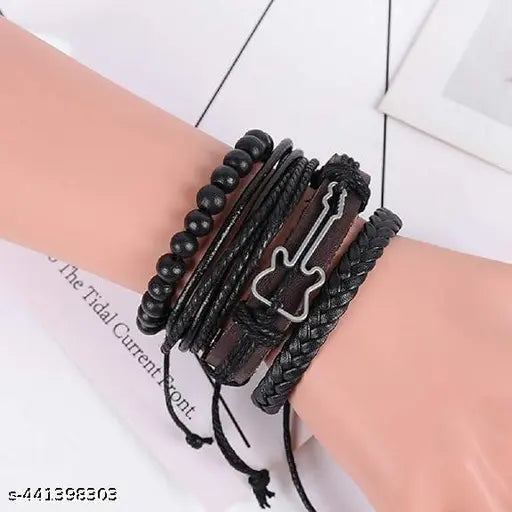 4pcs Per Set Multistrand Genuine Leather with Guitar Charm Leather Bracelet for Men & Boys Music Lover (Multi-Color)