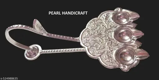 Pure Brass Pooja Aarti Traditional   Instrument, Hindu Devotional Accessory.   As it holds the flame that guides the devotees’ prayers and meditative focus. ( Silver Plated )