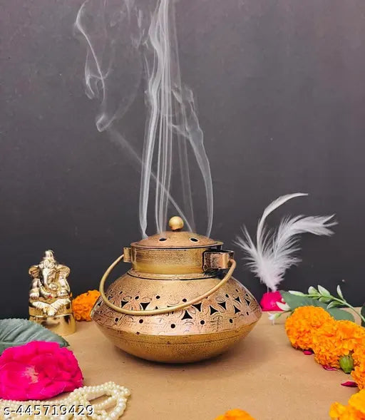 R K crafts metal small handi degchi dhoop dhani tealight holder inchace holder for home decor degchi with hander+bell +chain+scrow