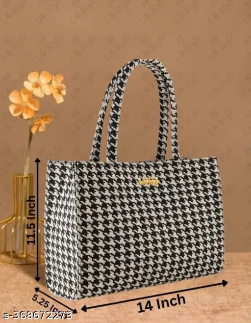 Women Fancy Fabric Handbag (Black, White)