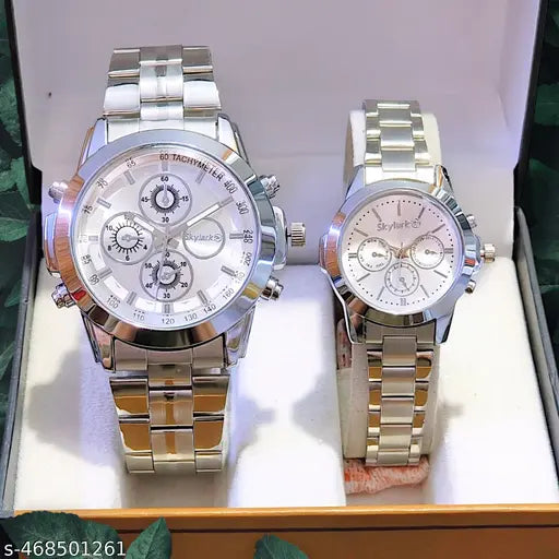 Attractive Coronagraph Design Silver Stainless Steel couple watch combo party wedding Couple Wedding Gift Combo, Anniversary Gift Combo, Couple Gift set - Men & Women