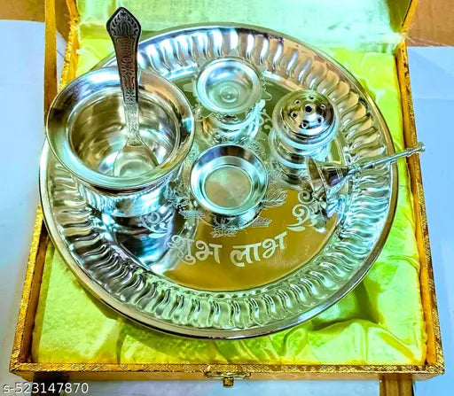 Lakshmi & Ganesh Pooja Thali Set for Religious Purpose Golden Set Box
