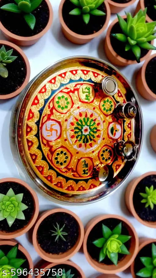 Decorative Stainless Steel Pooja Thali Set with Diya & Incense Holder