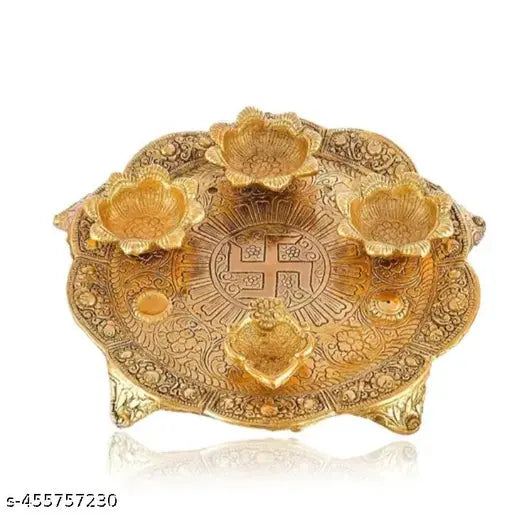 Gold Metal Pooja Thali with 4 Diya for Pooja & Temple Decoration