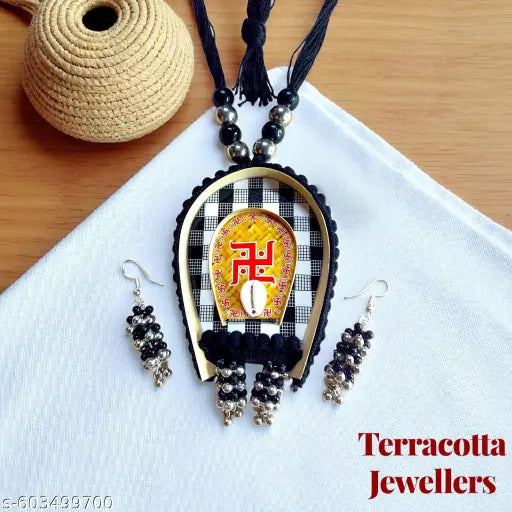 Handmade Black Terracotta Jewellery Set with Swastik Pendant & Earrings | Ethnic Traditional Necklace for Women