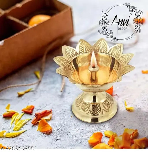 Anvi DECOR Devdas Deep Brass Diya (Size: 2) Brass Devdas Diya Oil Puja Lamp Engraved Design Table Diya for Home Mandir Office Festival Puja Gifts Decor (6.8cm Height x 8.9cm Length) - 70 GMS