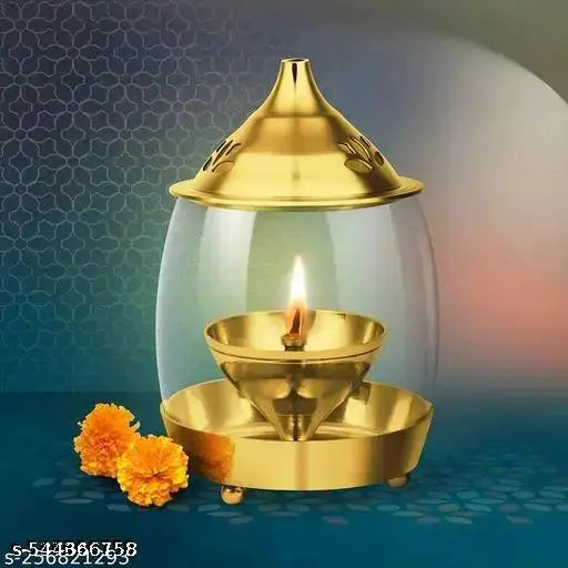 Diya 6 Inches Brass Akhand Deepak Diya for Pooja with Borosilicate Glass Cover Oil Brass Lamp Diya Puja Perfect for Diwali Gifting and Home Decor (Arpan 6 Inch)