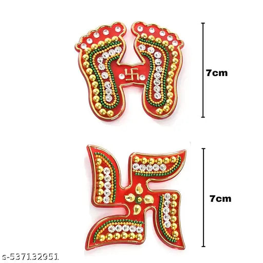 Laxmi Mata Ji Charan Paduka Pagla Fortune Feet Pairs and Swastik Diwali Rangoli Floor Pooja Room Showpiece Door Valance Decorations (Set of 3)
