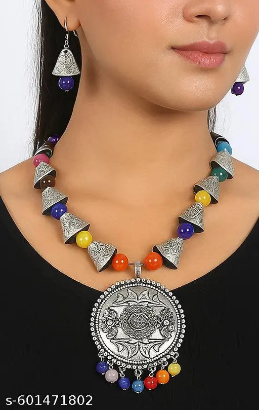 Silver Oxidised  Handcrafted Mandala Pendant Necklace Set with Multicolored Beads, Traditional Design