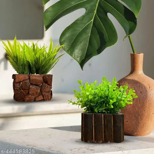 Asharya® Set of 2 Artificial Plants with Pot with Wood Finish Texture – Tabletop Decorative Plants for Home Decor, Office, Living Room, Bedroom & Indoor Outdoor Decor (13.5cm, Green)
