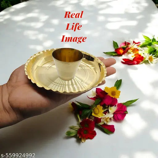 Pure Brass Puja Thali Set – 1 Thali & 1 Glass Combo | Compact Combo for Daily Use for Home, Temple, Shop& Office Etc.