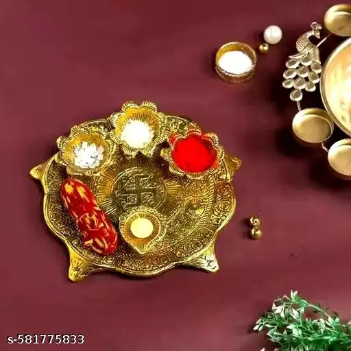 Big Size - Antique Gold Plated Pooja Thali Set ,Kumkum, Rice & Diya Holders