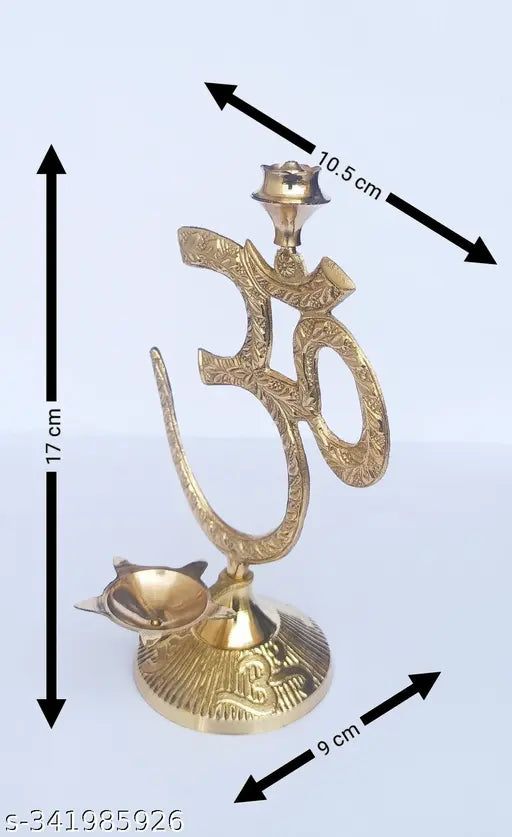 Bystreet artisans Om Aum Symbol with Brass Diya Oil Lamp and Incense Holder,Table top Brass Diya with Agarbatti Stand (Golden, 17Cm Height)