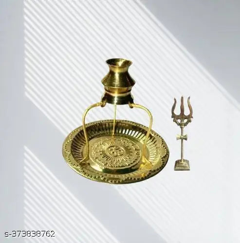 DARIDRA BHANJAN Brass Pooja Plate Thali with Trishul, Shivling Stand and Abhishek Lota Kalash Brass (1 Pieces, Gold) Decorative Showpiece, Trishul/Shivling Stand/ 7 Inch Lota