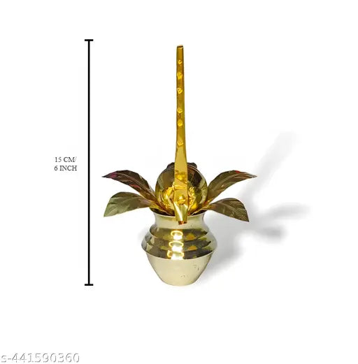 Traditional Brass Mangal Kalash, Mango Leaves, Coconut 3 Pcs Combo | Pittal Lota, Aam Patta, Nariyal for All Puja, Pooja Article, Temple - 15 cm