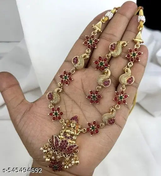 Premium Matte Temple Necklace Set with Lakshmi Pendant & Ruby Green Stones
