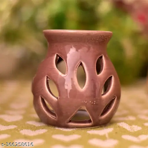 Peepal Print Air Freshener Home decor Brown Ceramic Clay Candle Operated Aroma Oil Burner ( With 2 Tlight Candle,1 Lavender Aroma Oil free 10ml ) It Can Be Use Warm Candle Light,Fragrance Or Gifting Purpose )