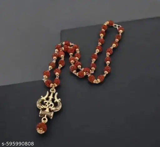 Golden Plated Rudraksha Mala with Trishul Pendant | Lord Shiva Cap Rudraksha Necklace for Men & Boys | Spiritual & Traditional Mala