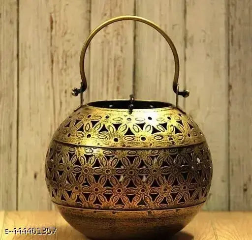 BALAJI INC. Metal Handi Flower cutting Round Tea Light Candle Holder Vintage Iron Dhoop Incense Burner Handcrafted Decorative Tea Light with Intricate Cutwork Design, Traditional Aromatherapy Diffuser for Home Decor And Wall Hanging Brass Urli Decorative