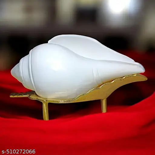 Traditional Jal Shankh With Brass Stand | Paniwala Shankh Or Pittal Dani for Pooja, Puja Temple - 11 cm