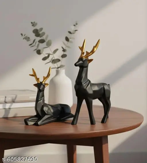 Decorative Black Deer Showpiece for Home Decor | Stylish Polyresin Animal Figurines for Living Room, Office & Gifting, SET OF 2