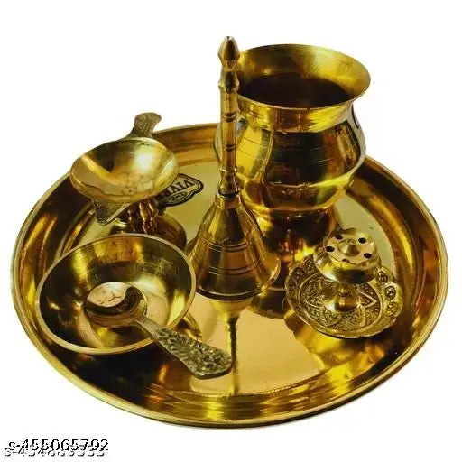 ELITETOUCH  Pooja Thali Set for daily worship | Full Puja Thali set with Pital Plate Kalash Dhup Dan Laxmi Diya Ghanti Catori Chamach (spoon) for laddu gopal bhog thali set, pooja Arti Thali for Diwali pooja Home Office Mandir - 17 CM Plate