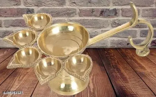 .ELITETOUCH  Pure Brass Engraved Pancharti Diya Oil Lamp  & Wooden Handle Pooja Dhoop|| Pancharti Akhand Diya Brass Puja Diya For Home Temple Puja.