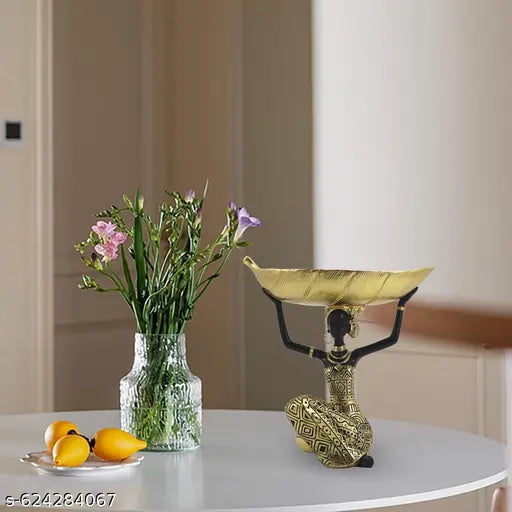 African Woman Figurine with Leaf Bowl | Black & Gold Decorative Showpiece for Home