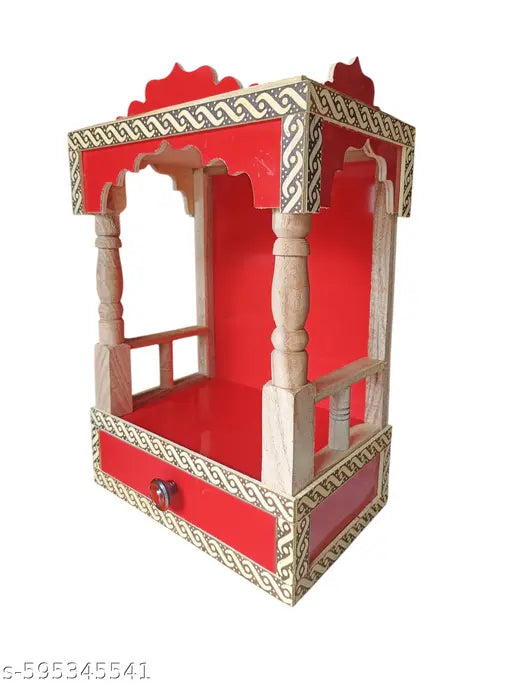 sita ji Elegant Red Wooden Home Temple with Drawer – 45x32x22 cm, 1.7 kg