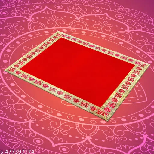 Velvet Aasan Mat | Pooja Aasan Mat | Golden Lace Satya  Prayer Mat | Traditional Chowki Prayer Mat |Size : 13 x 9 Inch| Red