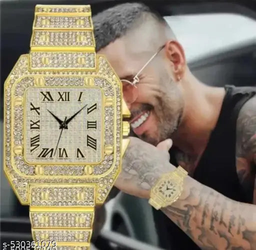 Bold & Brilliant Men’s Luxury Watch – Gold Finish with Complete Stone Embellishment
