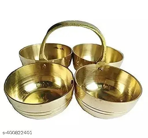 Brass Small Brass Puja Roli Chawal, Elaichi, Mishri 4 Bowl Stand