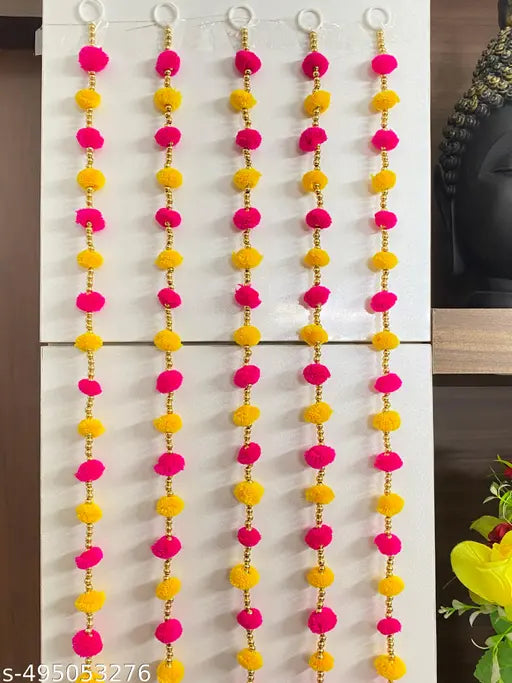 Magpie Collections Handmade Orange White Strings Pom Pom for Door,Wall Hanging Bandhanwar Toran, Garland for Decoration Diwali Festival,Navratri,Wedding (4 FT, 5 Strings)