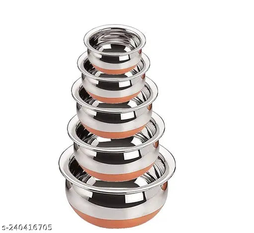 Stainless Steel Copper Base Serving Bowls Handi Set of 5 Pieces , Handi Set with Serving Bowl Set/Cookware Set/Sauce Pot and handis (250ml, 500ml, 1000ml, 1500ml, 2000ml)