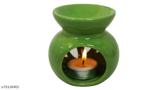 Aroma Ceramic Burner T-Light Candle Green Diffuser Pot for Home with 2 Tea Light Candle and 1 Aroma Oil- Fresh Lime 10ml
