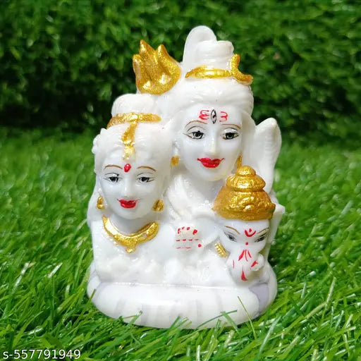 Shiv Privaar Marble Dust Murti for Saawan Puja | Handcrafted white Marble Idol of Shiva, Parvati, and Ganesh Ji Perfect for Home Puja, Temple And Car Dashboard