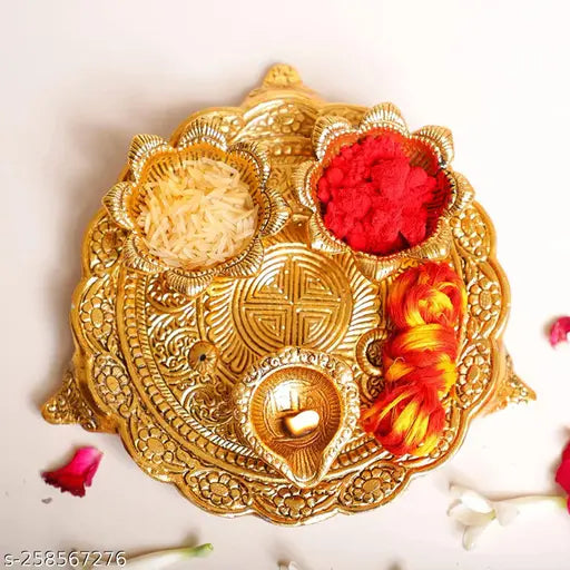 Pooja Thali Set With 3 Diya Metal Item Beautiful Item For Home/Kitchen/Office/Gift Item Brass  (1 Pieces, Gold)